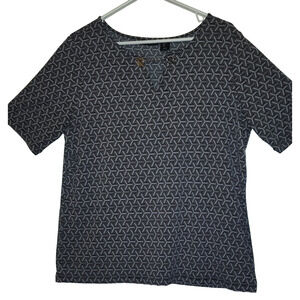 Tahari Black & White Top Short Sleeve Women's SIZE L LARGE Silver- Tone Accents